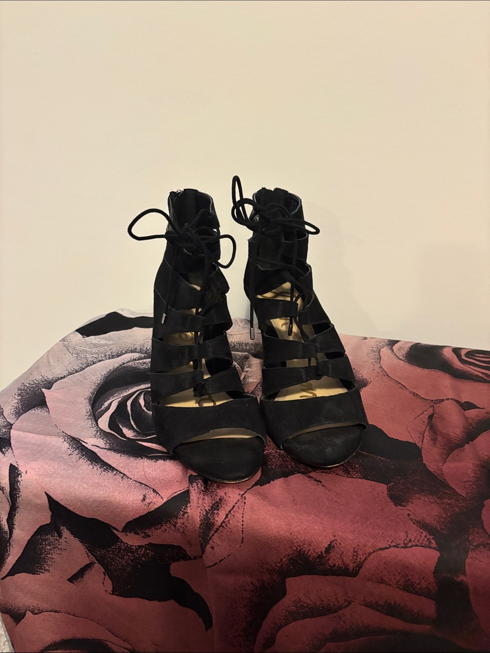 Sam Edelman Black Lace-Up Strappy Heeled Boots